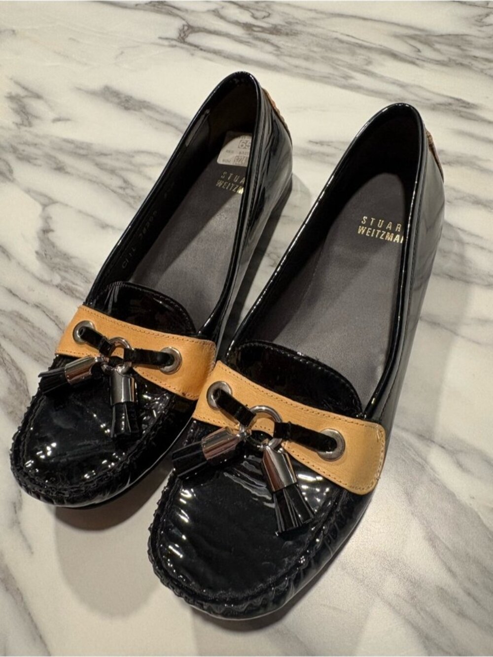 Stuart Weitzman Black Patent Loafers with Tan Trim and Tassels - Picture 6 of 11